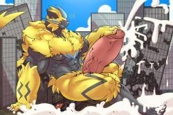 anthro big_penis black_body blush bodily_fluids body_worship building car city cum cum_on_ground destruction erection excessive_cum excessive_genital_fluids eyes_closed felid flooding fur generation_7_pokemon genital_fluids genitals happyending hi_res holding_own_penis holding_penis humanoid_genitalia humanoid_penis legendary_pokemon macro macro_anthro macro_male male mammal masturbation motor_vehicle muscular muscular_male nintendo orgasm penis pokemon pokemon_(species) sitting solo vehicle whiskers yellow_body yellow_fur zeraora