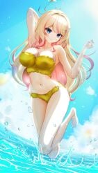 armpit_peek arms_up aw_(artist) belly belly_button bikini bikini_bottom bikini_top blonde blonde-haired_female blonde_female blonde_hair blue_background blue_eyes boobs breasts dyed_hair golden_bikini halo happy happy_female hestia_happiness indie_virtual_youtuber japanese japanese_female jum jumping large_boobs large_breasts large_tits large_titties pink_hair pink_streak pink_stripes smile smiling splash splashing swimsuit swimwear thighs tiddies tits titties tummy vshojo vshojo_nova vtuber vtuber_persona vtuberfanart vtubers water