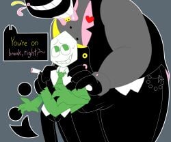 6:5 absurd_res ambiguous_gender anthro bodily_fluids cigarette clothing deltarune drooling erection erection_under_clothing felid feline friend_(deltarune) hi_res male male/ambiguous mammal pippins_(deltarune) saliva small_mike_(deltarune) speech_bubble sugabunhun undertale_(series)