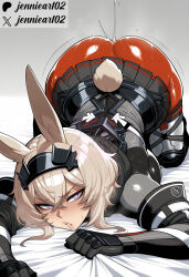 1girl ai_generated animal_ears arknights arknights:_endfield armor ass avywenna_(arknights:_endfield) bed_sheet black_gloves black_hairband blonde_hair blue_eyes blush bodysuit breasts clothing crossed_bangs female gloves grey_hair hair_between_eyes hairband jennieart02 large_breasts looking_at_viewer mole pantyhose parted_lips patreon patreon_logo patreon_username rabbit_ears rabbit_girl rabbit_tail red_bodysuit red_pantyhose sex_toy sheet_grab short_hair solo sweat tail top-down_bottom-up twitter twitter_username watermark