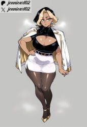 1girl ai_generated artist_name belt black_belt black_hair black_pantyhose black_shirt blonde_hair blue_nails breasts brown_pantyhose cleavage cleavage_cutout clothing clothing_cutout curvy dark-skinned_female dark_skin domina earrings english_text female footwear full_body grey_background hand_on_own_hip heavy_breathing high_heels huge_breasts jacket jacket_on_shoulders jennieart02 jewelry large_breasts long_hair looking_at_viewer mature_female miniskirt mole mole_under_eye multicolored_hair nail_polish office_lady overwatch overwatch_2 pantyhose parted_lips patreon patreon_logo patreon_username pencil_skirt shirt simple_background skirt solo standing sweat thick_thighs thighs twitter twitter_username two-tone_hair watermark white_jacket white_skirt