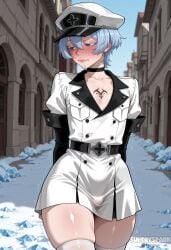 1boy ai_generated akame_ga_kill! arms_behind_back artist_name black_choker blue_eyes blue_hair blurry_background blush bulge chest_tattoo choker collarbone crossdressing elbow_gloves embarrassed esdeath_(akame_ga_kill!) femboy futarush genderswap gloves hair_between_eyes hat ice male_focus military military_hat military_uniform otoko_no_ko outdoors patreon patreon_username peaked_cap short_hair skindentation solo sultryspark tattoo thick_thighs thighhighs thighs trembling uniform white_headwear white_thighhighs
