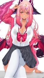 1girl 1girls absurdres animal_ears ankh big_breasts black_bra blush bow bowtie bra breasts cleavage crossed_legs dark-skinned_female dark_skin dragon_ears dragon_girl dragon_horns facial_mark female grey_skirt gyaru heart heart_facial_mark highres horns indie_virtual_youtuber jacket large_breasts long_hair looking_at_viewer loose_bowtie multiple_horns pink_bow pink_bowtie pink_hair pink_jacket see-through_clothes see-through_shirt shirt sitting skirt solo thighhighs thighs tits trickywi underwear v virtual_youtuber vtuber white_background white_shirt white_thighhighs yellow_eyes