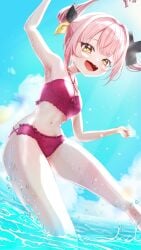 armpit_peek arms_up aw_(artist) beach belly belly_button bikini bikini_bottom bikini_top blue_background boobs breasts dyed_hair goddess indie_virtual_youtuber japanese japanese_female long_legs looking_at_viewer pink_hair pretty_face pretty_girl pretty_lady red_bikini red_lace small_boobs small_breasts small_tits small_titties smile smiling smiling_at_viewer splash splashing swimsuit swimwear thick_thighs thighs tiddies tits titties tummy vshojo vshojo_nova vtuber vtuber_persona vtuberfanart vtubers water yellow_eyes yutori_peke