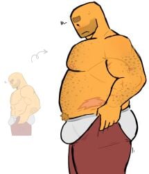 ass bulge embarrassed_nude_exposure evil_spongebob2 fat_male hairy hairy_male looking_down looking_down_at_self minigunner_(tds) roblox shirtless tower_defense_simulator