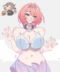 2026 angel_wings big_breasts breasts_against_glass cleavage hoyoverse infamcantaloupe large_breasts looking_at_viewer pink_hair qingque_(honkai:_star_rail) remielle_dan remielle_dan_(dreamland_fest) swimsuit tagme unfamousradish zenless_zone_zero