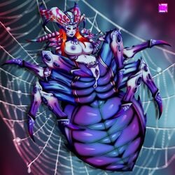 anthro anus arachne_(smite) arachnid arthropod big_breasts blisschild1 breasts deity female multi_eye nipples nude pussy red_eyes red_hair smite solo spread_legs spreading web