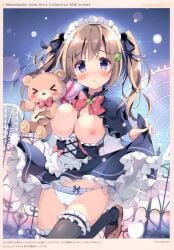 1girls blond_hair blush bow_panties breast breasts_out clothed exposed_breasts frilled_panties frilled_thighhighs hair_ornament hair_ribbon highres large_breasts long_hair maid maid_apron maid_headdress maid_outfit maid_uniform melonbooks nipples open_shirt original pan_(mimi) panties ribbons side-tie_panties skirt skirt_lift straight_hair stuffed_animal teddy_bear thighhighs tied_hair twintails