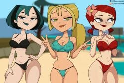 3girls aqua_bikini artist_name beach belly big_breasts bikini bikini_bottom bikini_top black_bikini black_eyes black_hair blonde_female blonde_hair breasts bridgette_(tdi) brown_eyes cartoon_network cleavage eyeshadow female female_focus female_only goth goth_girl green_eyes green_hair gwen_(tdi) hand_on_hip hi_res high_resolution highres large_breasts lips liquorcurse long_hair looking_at_viewer looking_away medium_breasts medium_hair multicolored_hair navel nipple_bulge nipple_piercing peace_sign red_bikini red_hair redhead redhead_female seductive seductive_look seductive_smile short_hair shy smile smiling smiling_at_viewer straight_hair thick_thighs thighs total_drama_island wide_hips zoey_(tdi)