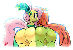 2015 anus ass blush clothing dock dreadlocks duo equine female feral fluttershy_(mlp) friendship_is_magic hair horse looking_back mammal my_little_pony pink_hair plain_background pony pussy rear_view starykrow tree_hugger_(mlp) white_background