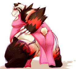 anthro ass backsack balls bear big_balls big_butt big_penis blush chinese_clothing chiro_(artist) clothing crossdressing fanfan fur furry furry_only garter_belt legwear lingerie male male_only mammal overweight penis presenting red_panda smirk solo stockings