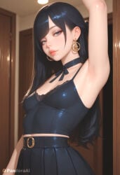 absurd_res ai_generated arm_up armpits artist_name artist_upload belt black_belt black_hair black_ribbon black_skirt blue_eyes blurry blurry_background breasts camisole choker crossdressing earrings femboy femboy_focus feminine_male gay hi_res indoors jewelry lips long_hair looking_at_viewer makeup midriff_peek more_at_source neck_ribbon pandora patreon patreon_username pleated_skirt ribbon ribbon_choker self_upload shiny_clothes skirt small_breasts solo swept_bangs transgender uncensored watermark