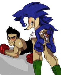 all_fours anal anal_sex anthro anus ass backsack balls blue_fur bottomless boxing_gloves clenched_teeth closed_eyes clothed clothing crossover cum cum_in_ass cum_inside cum_splatter duo erection fur furry gay glitter_trap_boy half-dressed hand_drawn hedgehog human little_mac looking_back male male_only mammal marker_(artwork) multiple_males nintendo nude one_eye_closed pencil_(artwork) penetration penis punch_out rear_view sega sex size_difference small_dom_big_sub sonic_(series) sonic_the_hedgehog sonic_the_hedgehog_(series) straining super_smash_bros. teeth traditional_media_(artwork) video_games yaoi