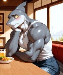 ai_generated anthro bicep blush blushing gay grey_body jeans looking_away male male_only muscular muscular_body muscular_male restaurant shark shy sitting solo tank_top veins veins_on_arms yellow_eyes