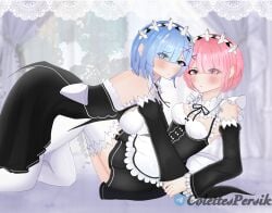 2girls blue_eyes blue_hair blush maid maid_headdress pink_hair ram_(re:zero) re:zero_kara_hajimeru_isekai_seikatsu red_eyes rem_(re:zero) stockings
