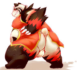 anthro ass backsack balls bear big_balls big_butt big_penis blush bottomless chinese_clothing chiro_(artist) clothed clothing fanfan fur furry furry_only half-dressed male male_only mammal overweight penis presenting red_panda smirk solo