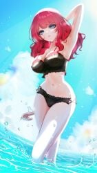 armpit_peek arms_up aw_(artist) beach belly belly_button bikini bikini_bottom bikini_top black_bikini blue_background blue_eyes boobs breasts demon demon_girl dyed_hair hotaru_akatsuki indie_virtual_youtuber japanese large_boobs large_breasts large_tits large_titties leviathan long_legs looking_at_viewer pretty_face pretty_girl pretty_lady red_hair red_hair_female splash splashing swimsuit swimwear thighs tiddies tits titties tummy vshojo vshojo_nova vtuber vtuber_persona vtubers water