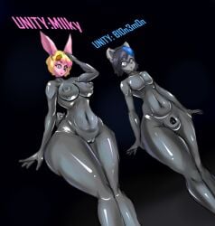 anonblonemon anthro black_hair blonde_hair blue_highlights brainwashing drone dronification duo female graybot grey_body grey_eyes hair highlights_(coloring) identity_death lagomorph latex leporid male mammal milky_rivas mind_control null_bulge pink_body pink_highlights rabbit technology