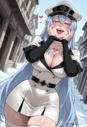 1girl ai_generated akame_ga_kill! artist_name black_choker blue_eyes blue_hair blush breasts chest_tattoo choker cleavage collarbone dress drooling esdeath_(akame_ga_kill!) futarush hair_between_eyes hands_on_own_cheeks hands_on_own_face hat heart heart-shaped_pupils large_breasts long_hair looking_at_viewer military military_hat military_uniform open_mouth patreon patreon_username peaked_cap saliva solo sultryspark sweat tattoo teeth thick_thighs thighhighs thighs tongue uniform very_long_hair white_thighhighs wide_hips zettai_ryouiki