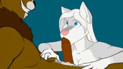 2015 animated anthro balls black-kitten blue_eyes brown_fur canine duo erection eye_contact fellatio female fur furry furry_only grin lowres male mammal nude oral penis sex straight uncensored white_fur