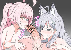 1boy 2girls abydos_high_school_student blowjob blue_archive breasts fellatio female heterochromia hoshino_(blue_archive) licking licking_penis looking_at_viewer male naked nude oral penis pink_hair shiroko_(blue_archive) shiroko_(terror)_(blue_archive) tongue tongue_out tsurubaamii