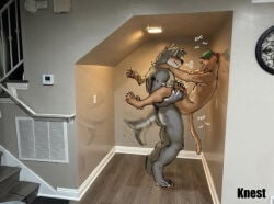anal anal_penetration anthro blush bodily_fluids canid canine cum cum_while_penetrated cumshot draw_over duo ejaculation erection felid feline felix_(knest) genital_fluids genitals greyson_(knest) hands-free hi_res humanoid_genitalia humanoid_penis knest looking_pleasured male male/male mammal moan nude_anthro nude_male penetration penis real_world sex sound_effects standing standing_sex tail tail_motion tailwag