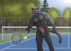absurd_res animal_genitalia animal_penis ankh ankh_necklace anthro athletic athletic_anthro ball black_body black_fur bodily_fluids casual_erection casual_nudity chain-link_fence english_text erection facial_scar felid feline_genitalia feline_penis fence flaccid fur genital_fluids genitals hi_res jewelry leaking_precum male mammal motion_lines mouldirou necklace pantherine pecs penis plant precum purple_eyes scar smile solo tail tennis_ball tennis_court tennis_racket text tree