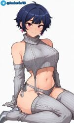 ai_generated bibi_(brawl_stars) blue_hair boobs_out brawl_stars nsfw smiling_at_viewer supercell sweater white_background