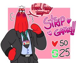 1boy alternate_version_available belt blush blushing boss dont_hug_me_im_scared english english_text hand_on_hip hand_up kennyweona lanyard long_hair looking_away male male_only nude_version_available red_body red_guy_(dhmis) red_hair red_skin solo strip_game suit suit_and_tie suit_jacket text twitter_strip_game