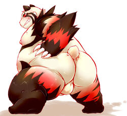 anthro ass backsack balls bear big_balls big_butt big_penis blush bottomless chiro_(artist) clothed clothing fanfan fur furry furry_only half-dressed male male_only mammal nude overweight penis presenting red_panda smirk solo topless