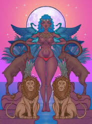 1girl 6animals asherah blue_hair canaan canaanite_mythology dark-skinned_female digital_art earrings fertility_goddess goat goddess groping_breasts groping_own_breast groping_self lion moon moon_background mother multiple_wings mythology nude_female purple_eyes red_panties snake solo solo_female standing_on_water stars thin_waist wings