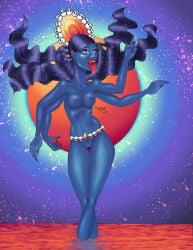 1girl 2020 beauty black_hair blood blue_skin dancer digital_art digital_illustration fantasy_art feet_in_water goddess hair_accessory hindu_mythology kali long_hair long_tongue medium_breasts nude_female red_eyes red_water sharp_fingernails skulls solo solo_female thin_waist tongue_out universe victory_dance