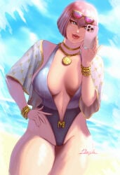 1female 1girls beach beach_background big_breasts bikini blue_eyes bob_cut darth_jin female female_focus female_only girl gold_jewelry jewelry manon_legrand one-piece_swimsuit pink_hair selfie_pose short_hair slim_waist street_fighter street_fighter_6 summer sunglasses sunglasses_on_head thick_hips thick_thighs