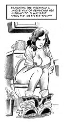 1girls bathroom big_breasts breasts cluedog female nipples sitting solo toilet traditional_media_(artwork)
