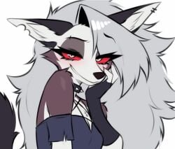 1girls big_breasts collar furry grey_hair helluva_boss highres long_hair loona_(helluva_boss) loonamoon69 red_eyes simple_background solo solo_female solo_focus voluptuous voluptuous_body voluptuous_female