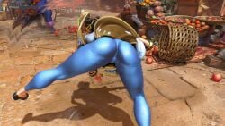 1girl 1girls apple ass ass_focus basket bent_over black_hair blonde_hair bracelet chun-li clothing double_bun female food from_behind fruit hair_bun long_hair motion_blur outdoors pants pantylines screenshot skin_tight solo solo_focus street_fighter_6 thick_thighs thighs