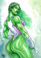 1girls ass big_ass female green_hair green_skin marcio_fernandes marvel muscular muscular_female she-hulk solo traditional_media_(artwork)