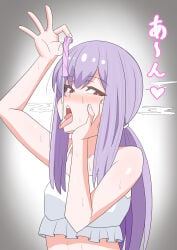 1girls arius_satellite_school_student atsuko_(blue_archive) atsuko_(swimsuit)_(blue_archive) bikini blush condom cum cum_on_tongue female looking_at_viewer open_mouth sweat swimsuit tongue tongue_out tsurubaamii used_condom