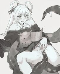 1girl blush cho_kaguya-hime! commentary grey_background greyscale hair_ornament hair_rings hair_stick highres implied_yuri masturbation monochrome off_shoulder open_mouth phone_sex pom_dovu pussy pussy_juice runami_yachiyo runami_yachiyo_(tsukuyomi) sakayori_iroha simple_background tentacle_masturbation tentacles untranslatable_commentary