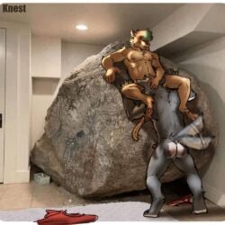 1:1 anthro butt canid canine clothing discarded_clothing draw_over duo erection felid feline felix_(knest) fellatio genitals giant_fucking_boulder_inside_of_room greyson_(knest) hi_res holding_head humanoid_genitalia humanoid_penis knest looking_pleasured male male/male mammal nipples nude_anthro nude_male oral penile penis real_world sex standing standing_sex tail tail_motion tailwag underwear
