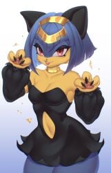anthro black_clothing black_dress blue_body blue_hair breasts claws cleavage clothed clothing dress felid feline female hair hi_res jifisy mammal multicolored_body navel neck_ring pal_(species) palworld paw_pose pawpads pocketpair pose red_eyes sekhmet_(pal) short_hair simple_background solo two_tone_body white_background yellow_body