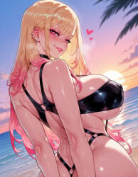 1girl 1girls ai_generated arms_behind_back ass back balecxi barbell_piercing bare_shoulders beach bikini black_bikini black_choker black_one-piece_swimsuit black_swimsuit blonde_hair blush bracelet breasts choker clothing cloud colored_tips covered_nipples curvaceous curvaceous_female curvaceous_figure curvy curvy_figure ear_piercing earrings female female_focus from_behind gradient_hair huge_ass huge_breasts industrial_piercing inviting inviting_to_sex jewelry kitagawa_marin large_breasts lips long_hair looking_at_viewer looking_back multicolored_hair my_dress_up_darling o-ring o-ring_swimsuit ocean one-piece_swimsuit one-piece_thong outdoors palm_tree piercing pink_eyes pink_hair presenting presenting_breasts presenting_self red_eyes seductive seductive_look seductive_smile shiny_skin sideboob skindentation sky slingshot_swimsuit smile solo sono_bisque_doll_wa_koi_wo_suru sun sunset swimsuit tree underboob voluptuous voluptuous_female water