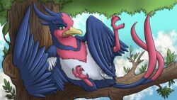 avian brunn-bear claws digitigrade female feral hi_res looking_at_viewer masturbation nintendo outside pokemon pussy pussy_juice sitting smile solo swellow teal_eyes tree video_games wings