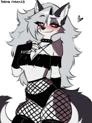 1girls big_breasts big_thighs blush blush_lines blushing collar curvy curvy_body curvy_female curvy_figure furry grey_hair helluva_boss highres huge_thighs long_hair loona_(helluva_boss) loonamoon69 red_eyes simple_background solo solo_female solo_focus tail thick_thighs thigh_highs thighhighs voluptuous voluptuous_body voluptuous_female