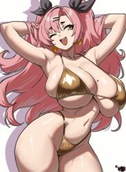 bikini cleavage female_only gold_bikini hoyoverse large_breasts long_hair looking_at_viewer mewmaster93 navel nicole_demara pink_hair skindentation smile very_long_hair yellow_eyes zenless_zone_zero