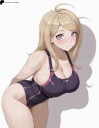 1girl 1girls ai_generated akamatsu_kaede armpit_crease blonde_hair blush breasts cleavage closed_mouth collarbone danganronpa danganronpa_v3 hi_res high_quality high_resolution highres large_breasts leaning_forward legs_together light lips long_hair looking_at_viewer musical_note nose one-piece_swimsuit opal_nemy patreon_logo patreon_url patreon_username pink_eyes plain_background self_upload shadow shiny shiny_clothes shiny_hair shiny_skin simple_background smile solo standing swimsuit thighs watermark white_background