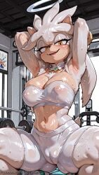 1girl ai_generated animal_ears animal_nose armpits arms_behind_head arms_up blush body_fur breasts cameltoe cleavage covered_nipples decurse detached_collar exercise furry furry_female looking_at_viewer navel nipples open_mouth see-through silver_the_hedgehog smile solo sonic_(series) spread_legs squatting strapless sweat tail teeth tube_top wet white_hair