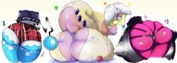 absurd_res anthro anus azumarill banette beady_eyes big_breasts big_butt black_eyes blue_body blush bottomwear breasts butt clothed clothing featureless_feet feet female generation_2_pokemon generation_3_pokemon generation_6_pokemon genitals goodra group hi_res huge_butt humanoid jirachi legendary_pokemon looking_at_viewer looking_back looking_back_at_viewer nintendo nipples open_mouth open_smile pink_body pokemon pokemon_(species) rear_view red_bottomwear red_clothing red_shorts shiny_pokemon shorts simple_background sitting slime smile tan_body tohtori_crow vulva white_background white_body yellow_body