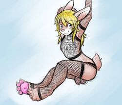 2013 anthro balls blonde_hair blue_eyes blush clothing cute elbow_gloves feet fishnet flaccid girly gloves hair hindpaw lagomorph laini legwear long_hair male mammal nipples pawpads paws penis rabbit sebafox short_shirt sketch smile solo stockings