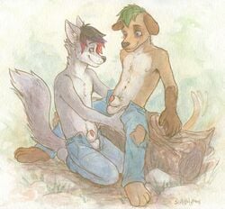 2boys balls blue_eyes blush canine clothing duo furry furry_only gay half-dressed male male_only mammal multiple_males partially_clothed penis poking_out sheath sicklyhypnos smile tailwag topless torn_clothing undressing yaoi